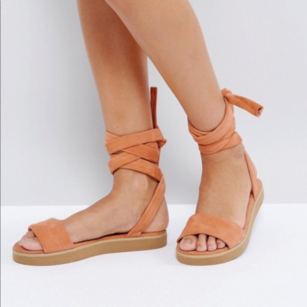 ASOS FADED Coral Leather Tie Leg Sandals